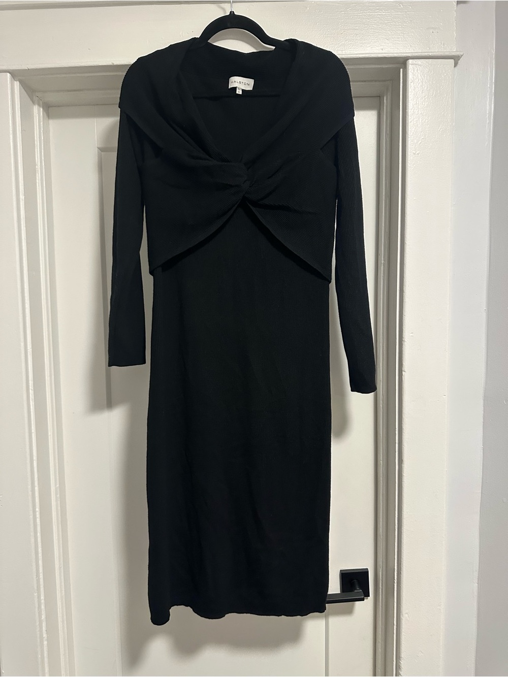 Halston Heritage Black Knit Twist Front Midi Dress - Size L